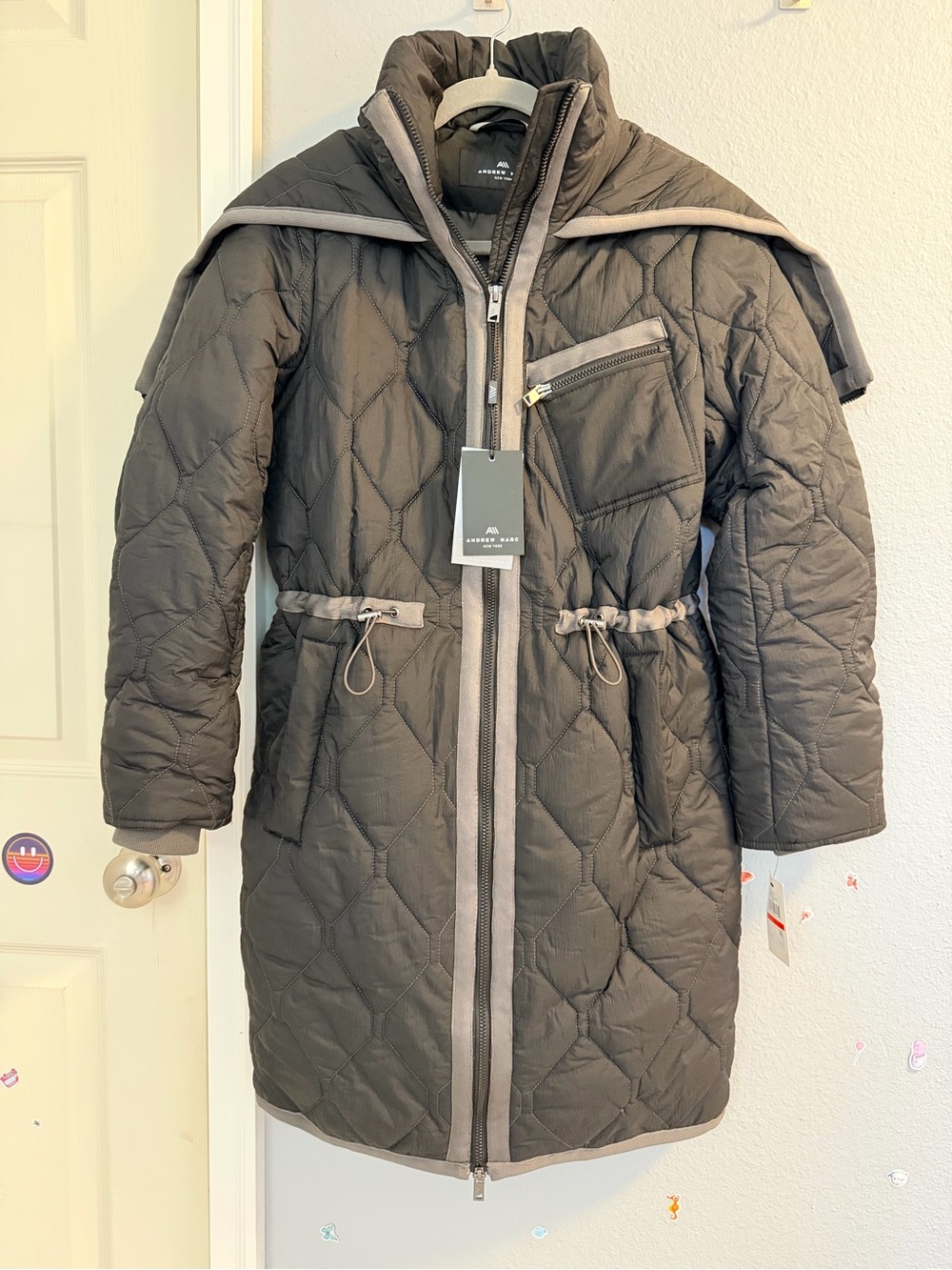 NWT Andrew Marc Quilted Dark Gray Long Puffer Coat Winter Jacket Cold Weather